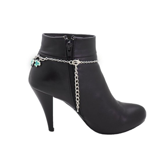 Women Silver Metal Chain Boot Bracelet Shoe Bright Baby Blue Clover Flower Charm - Picture 11 of 12